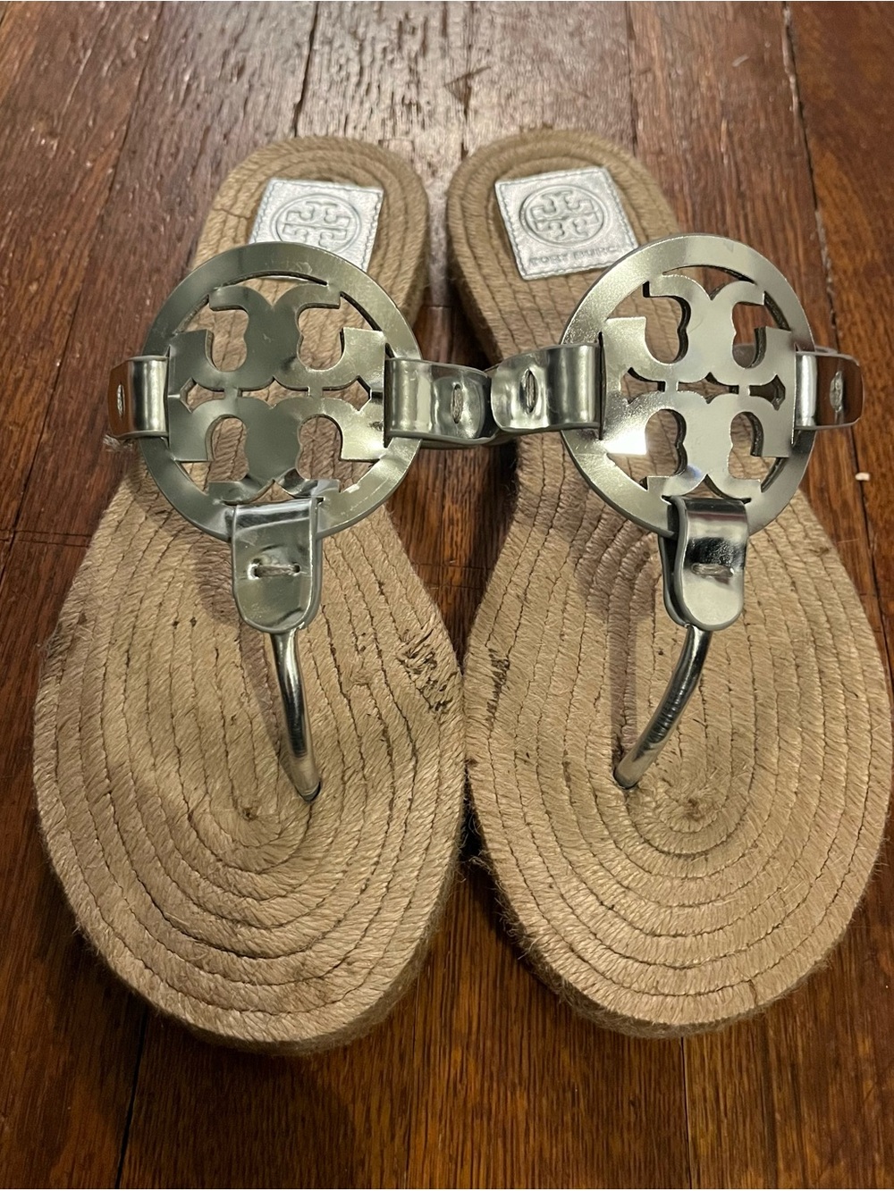 Tory Burch Silver Logo Rope Espadrille Thong Sandals